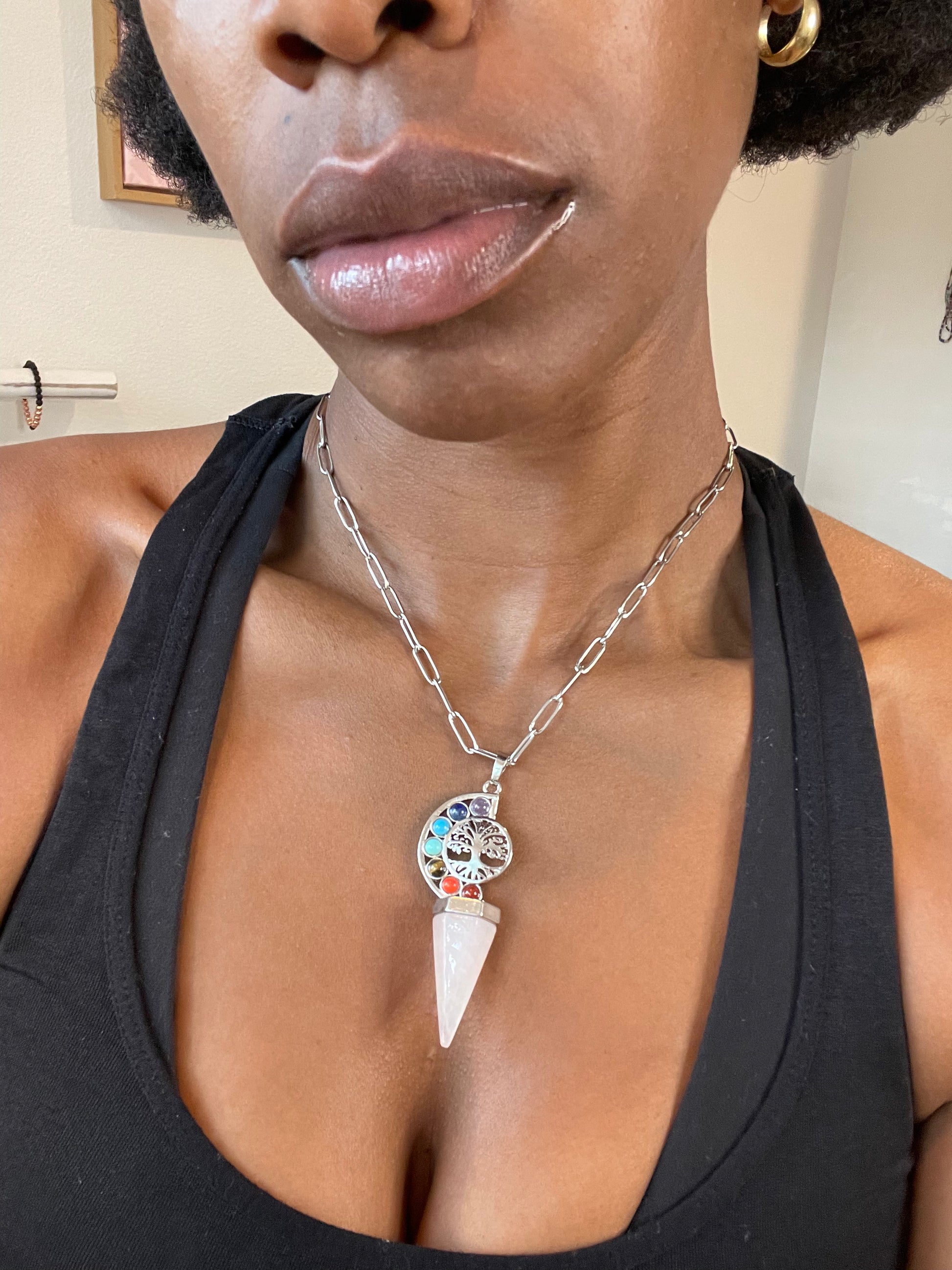 Rose Quartz Pendulum 7 Chakra Necklace