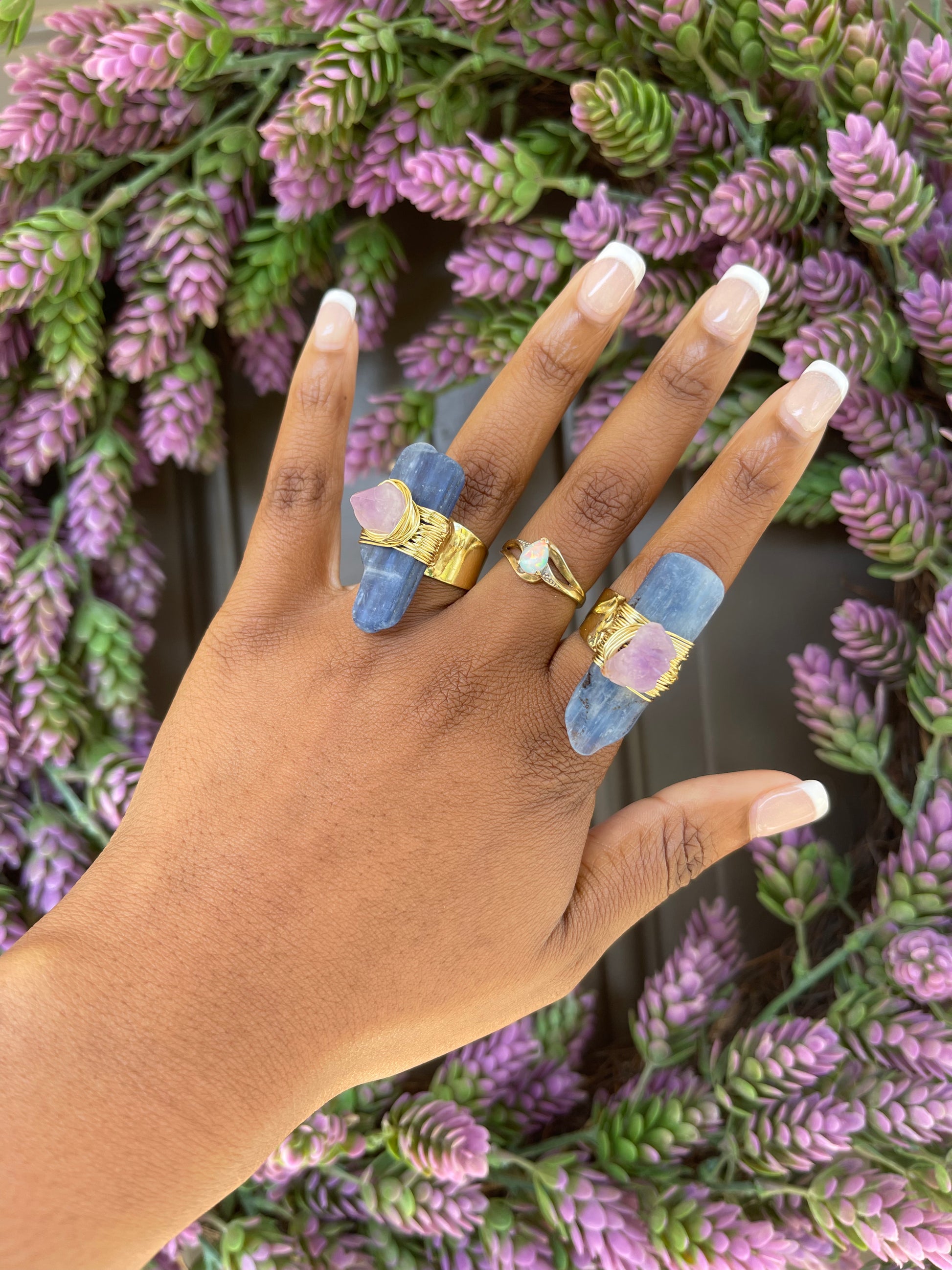 Chunky Kyanite and Amethyst Wrapped Plated Ring