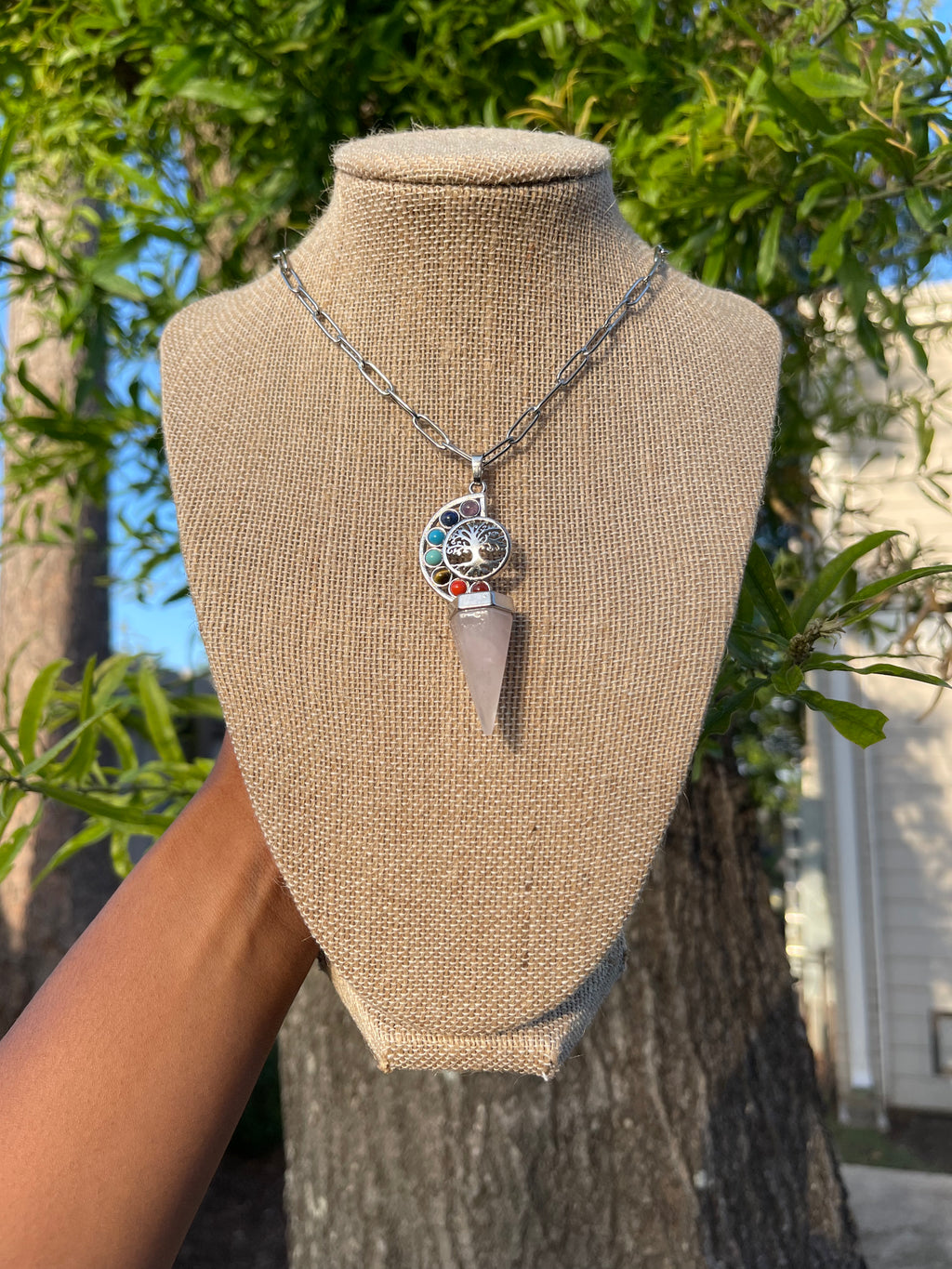 Rose Quartz Pendulum 7 Chakra Necklace