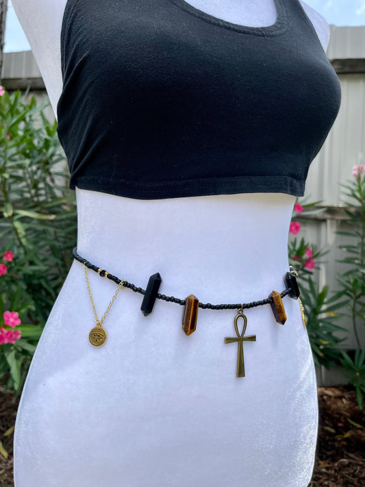 More Life Waist Bead- Tigers Eye, Black Obsidian and Ankh