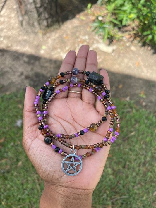 Pentacle Protection Waist Beads - Tourmaline, Tigers Eye and Amethyst